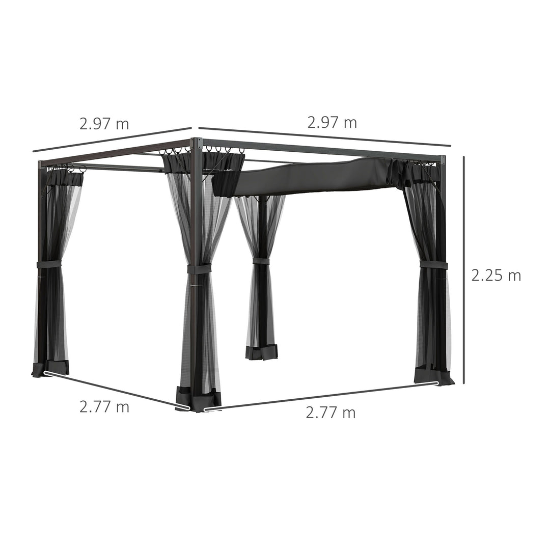 Outsunny 3 x 3 m Retractable Pergola, Garden Gazebo Shelter with Nettings, for Grill, Patio, Deck, Dark Grey