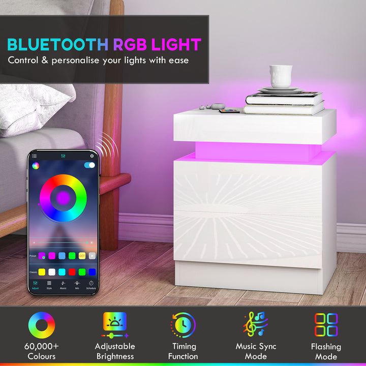White Bedside Table with LED Light, High Gloss Front Nightstand with 2
