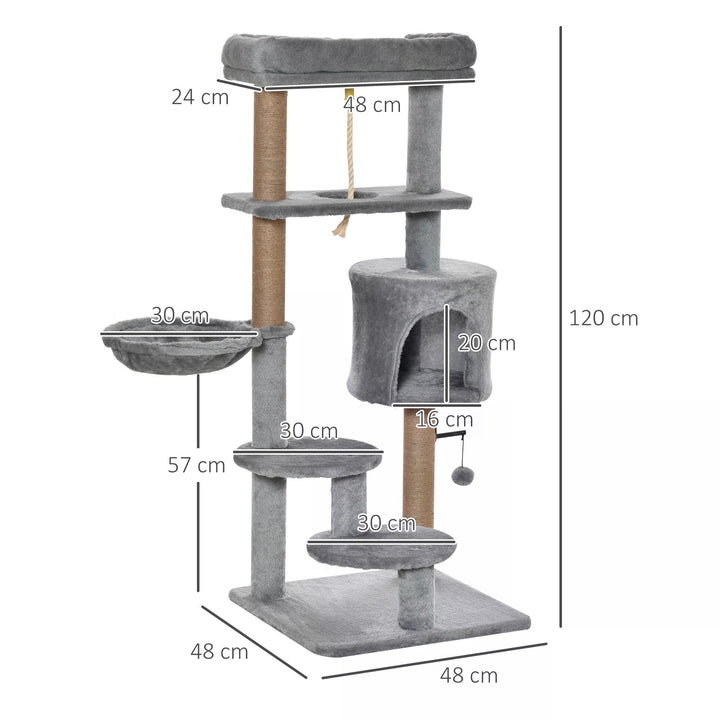 PawHut Cat Tree with Jute Scratching Posts, 120cm, Perch, Hammock, Hanging Ball, Teasing Rope, Condo, Light Grey | Aosom UK