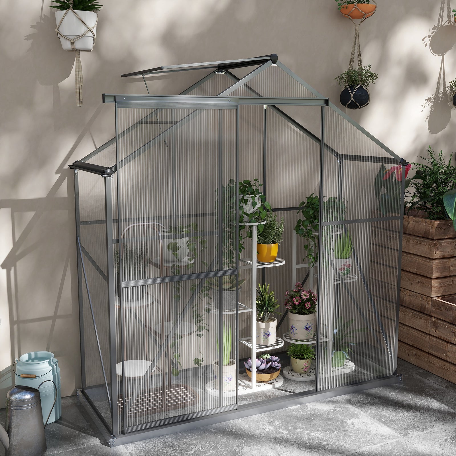 6 x 2.5ft Polycarbonate Greenhouse Walk-In Green House with Rain Gutter, Sliding Door, Window, Foundation, Dark Grey