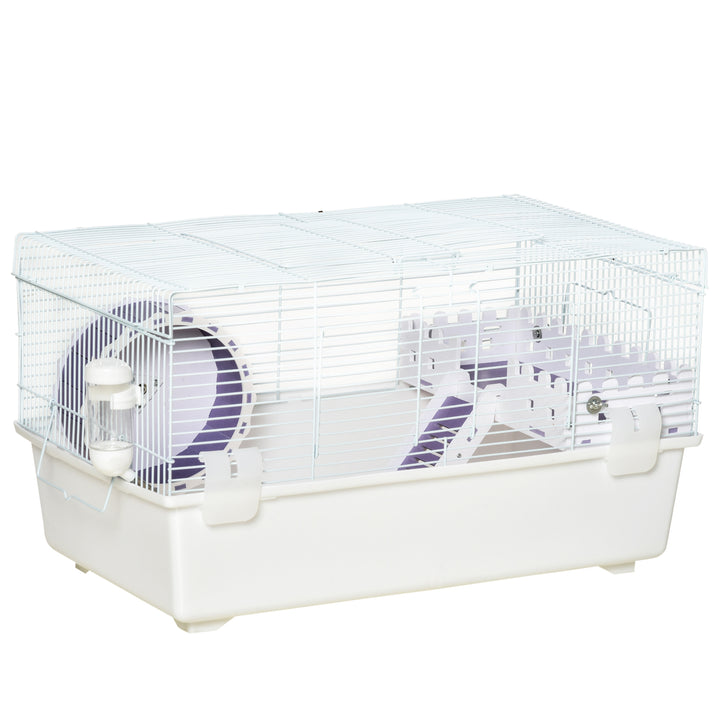 PawHut Two-Tier Hamster Cage, Multi-Storey Gerbil Haven, Small Animal Habitat with Water Bottle, Exercise Wheel, Ladder, White | Aosom UK