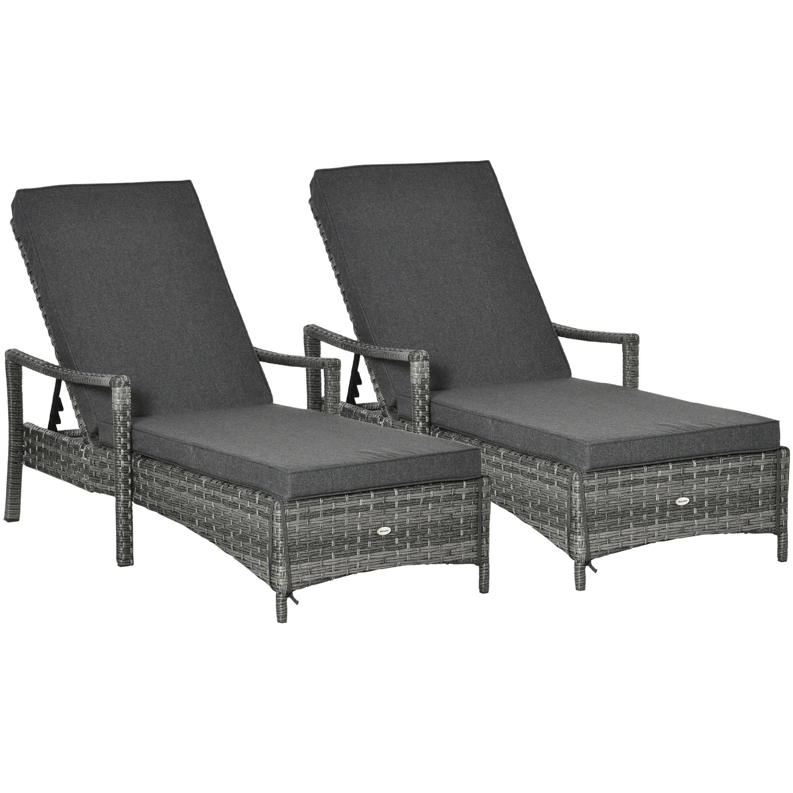 PE Rattan Sun Loungers set of 2 with Cushion, Outdoor 2 Pieces Garden Sunbed Furniture with 4-Level Recliner Backrest, and Armrest, Grey