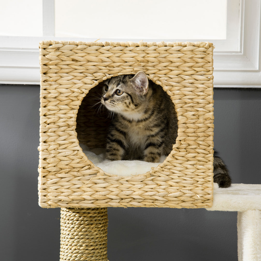 PawHut Cat Tree Tower, Indoor Activity Centre with Scratching Posts, House, Bed, Ladder, and Washable Cushions, Natural Finish | Aosom UK