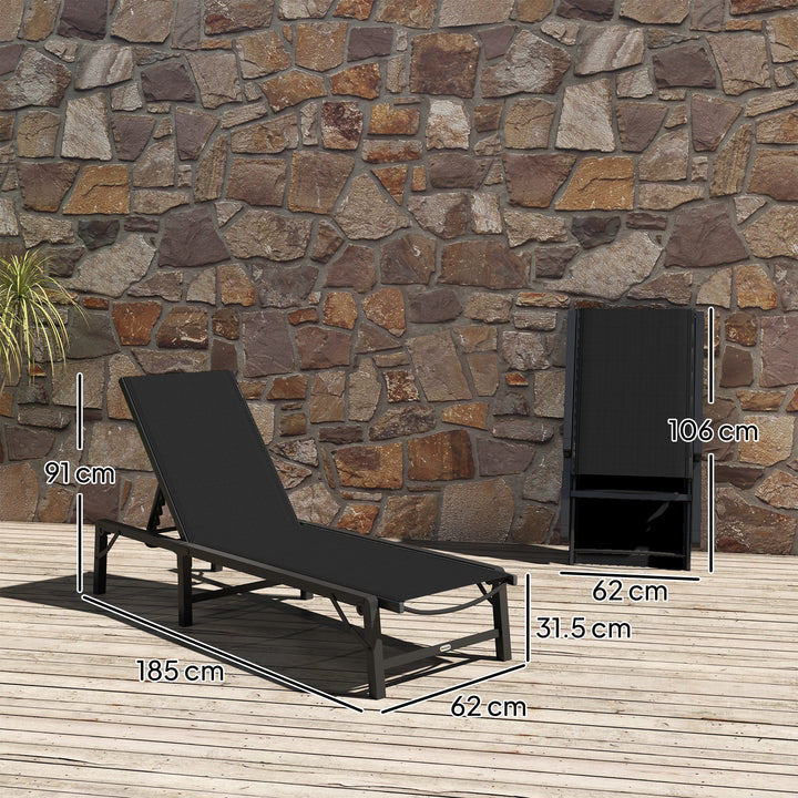 Folding Sun Lounger, 5-Position Adjustable Reclining Garden Lounger, Garden Chaise Lounge Sunbed Recliner Chair with Steel Frame for Beach, Porch, Patio, Camping, Black