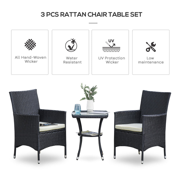 3 Pieces Rattan Bistro Set, Wicker Garden Furniture Set with 2-Tier Coffee Table and Chairs, Cushions, for Outdoor Patio Balcony, Black