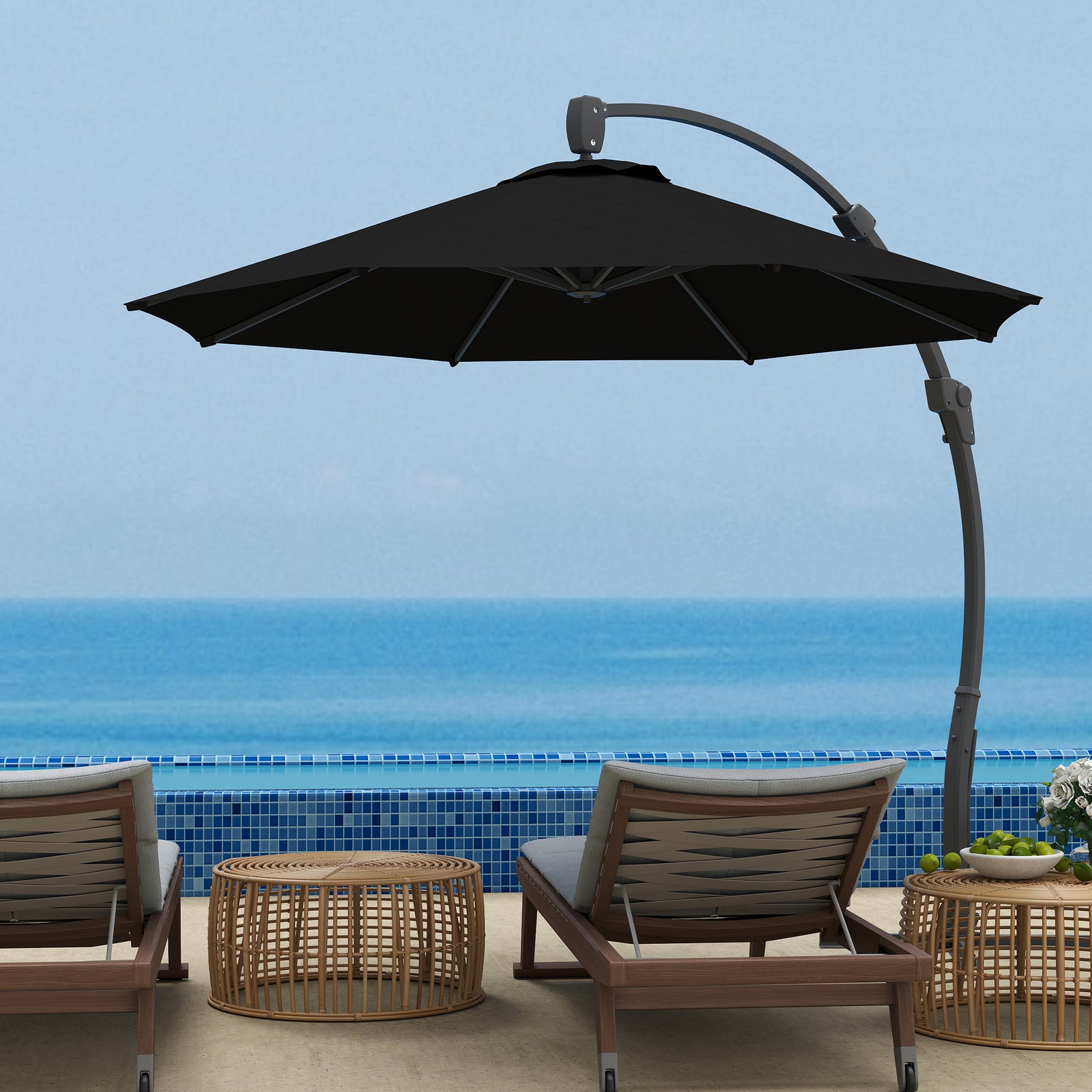 3(m) Garden Cantilever Parasol, Round Overhanging Umbrella with Crank Handle, Cross Base, Aluminium Frame and 360° Rotation, Banana Patio Umbrella for Outdoor Sun Shade, Black
