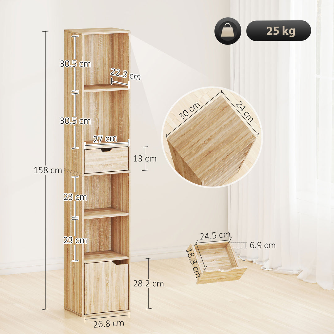 6-Tier Bookcase, Tall Narrow Bookshelf with Drawer and Door - Natural 