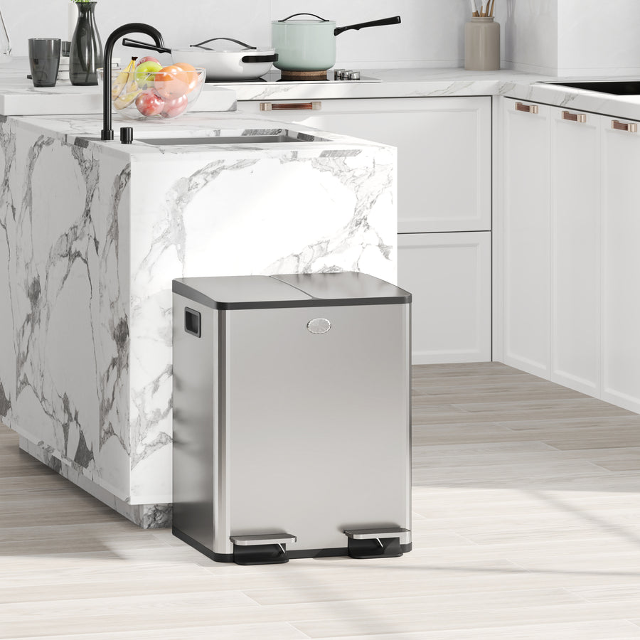 40L Dual Compartment Stainless Steel Bin, with Deodoriser Holders - Silver Tone