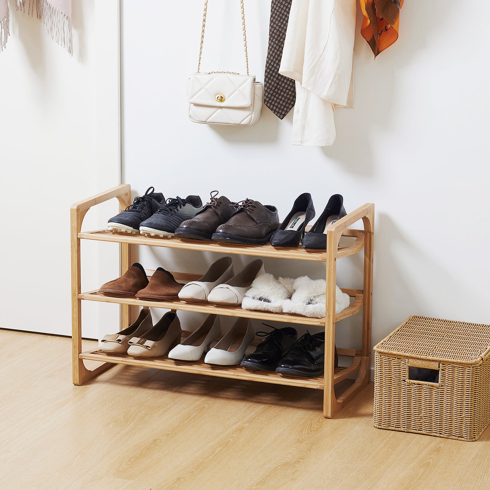 3-Tier Shoe Rack, Bamboo Shoe Storage Organizer with Slatted Shelves, Free Standing Shoe Shelf Stand for 9 Pairs of Shoes for Entryway, Hallway, Natural
