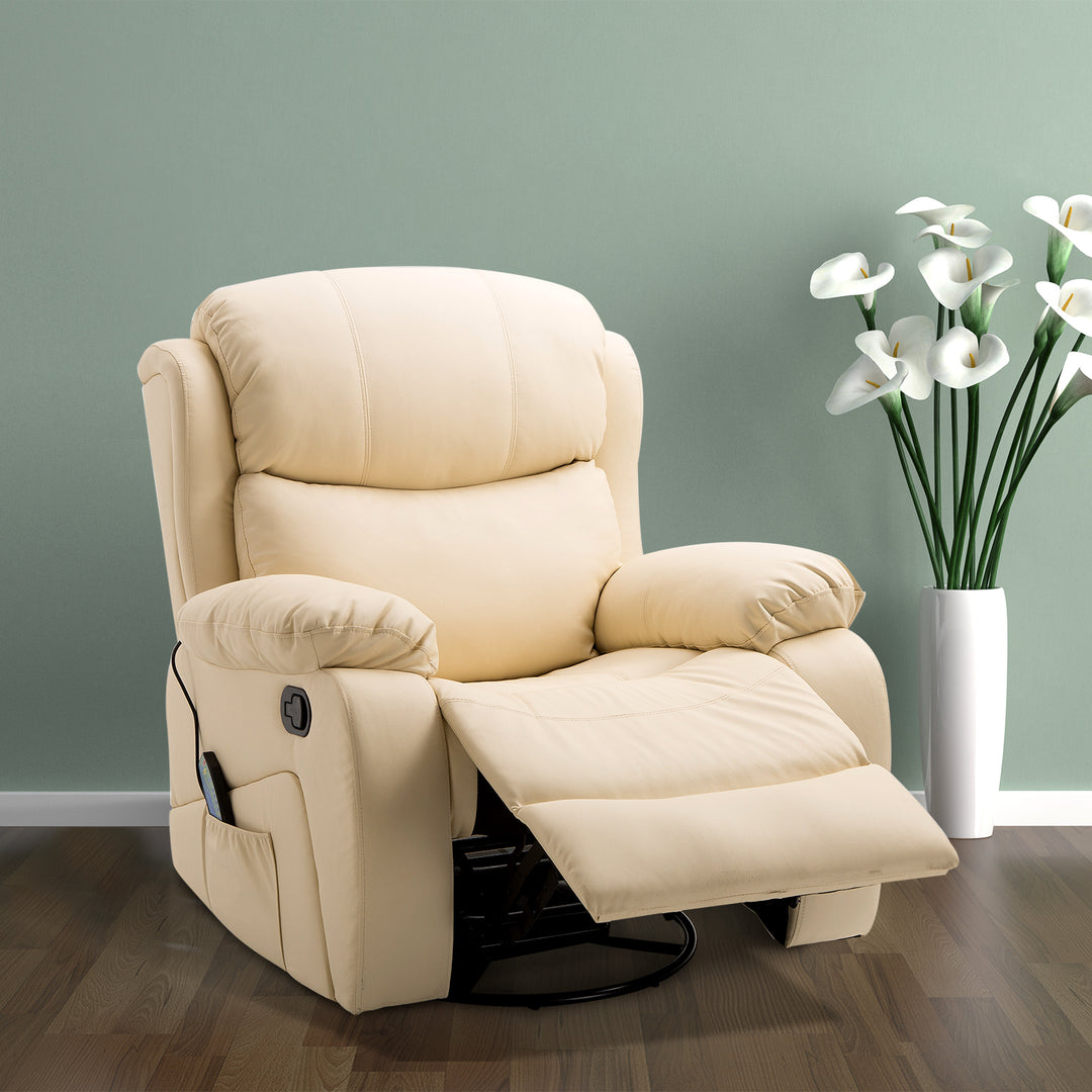 HOMCOM PU Leather Reclining Chair with 8 Massage Points and Heat, Manual Recliner with Swivel Base, Footrest and Remote, Beige