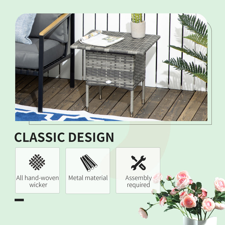 Outsunny Rattan Side Table, Outdoor Coffee Table, with Plastic Board Under the Full Woven Table Top for Patio, Garden, Balcony, Mixed Grey