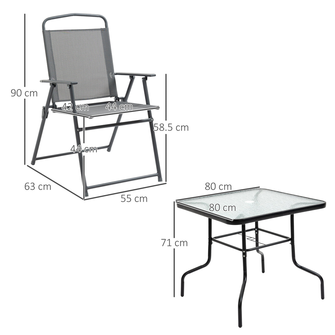 Outsunny 5 Piece Garden Dining Set Outdoor Dining Furniture 4 Folding Chairs, Glass Top Table with Parasol Hole, Texteline Seats, Black