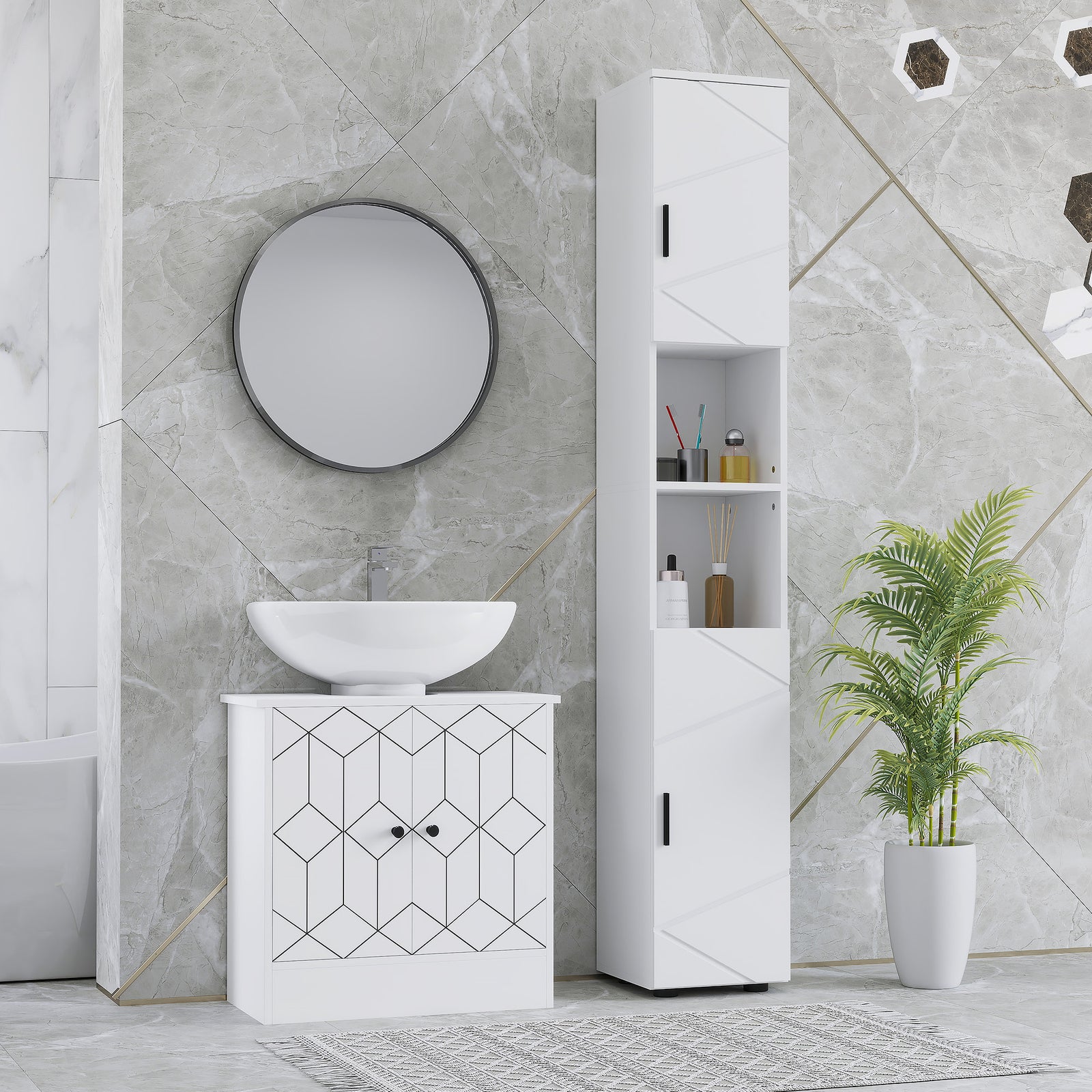 Line Embossed Tall Bathroom Storage Cabinet - White