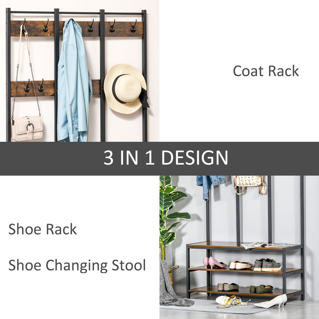 HOMCOM Hall Tree Coat Rack Stand, Freestanding with Hooks, Bench, Shoe Storage, 100cm x 40cm x 184cm, Rustic Brown, Black | Aosom UK