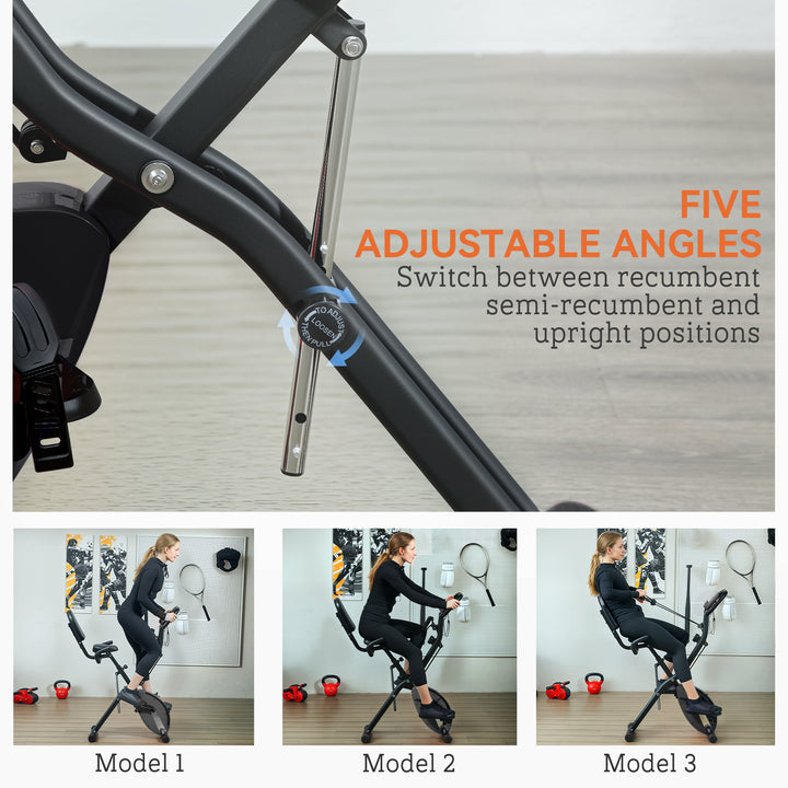 5-In-1 Folding Exercise Bike with Arm Workout Bands, Quiet 8-Level Magnetic Resistance Foldable Exercise Bike with LCD, Tablet Holder, Hand Pulse Sensor for Home Use Indoor Cycling, Black
