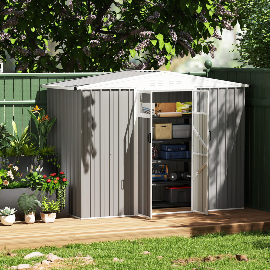 8 x 4 ft Metal Garden Shed, Garden Storage Shed with Window, 4 Vents and Lockable Door, Waterproof Galvanised Steel Tool Storage Shed, Light Grey