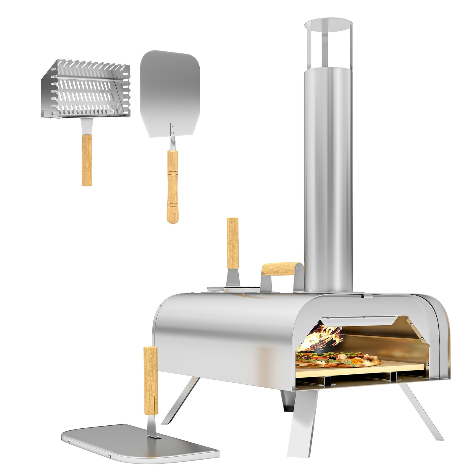 Outdoor Pizza Oven, Portable Wood Pellet Pizza Oven with Pizza Stone and Peel, Foldable Legs, Chimney, 12 Inch Wood Fired Pizza Maker for Outdoor Cooking, Stainless Steel