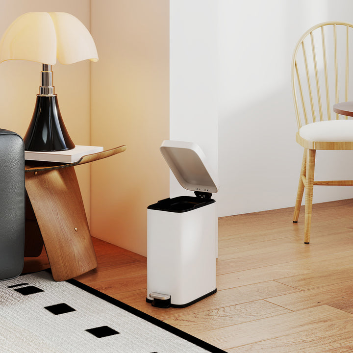 MCL 5L Rectangular Compact Bin Steel Body Removable Bucket Quiet-Close Lid w/ Pedal Lid Rubbish Trash Can Home Office Bedroom Bathroom Living Room Garbage Tidy Clean White