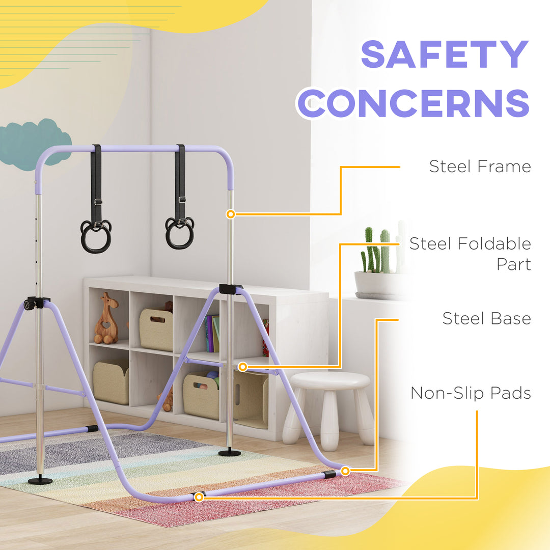 Adjustable Height, Foldable Kids Gymnastics Bar w/ Non-slip Rubber Floor Rings, for 3+ Years, Purple