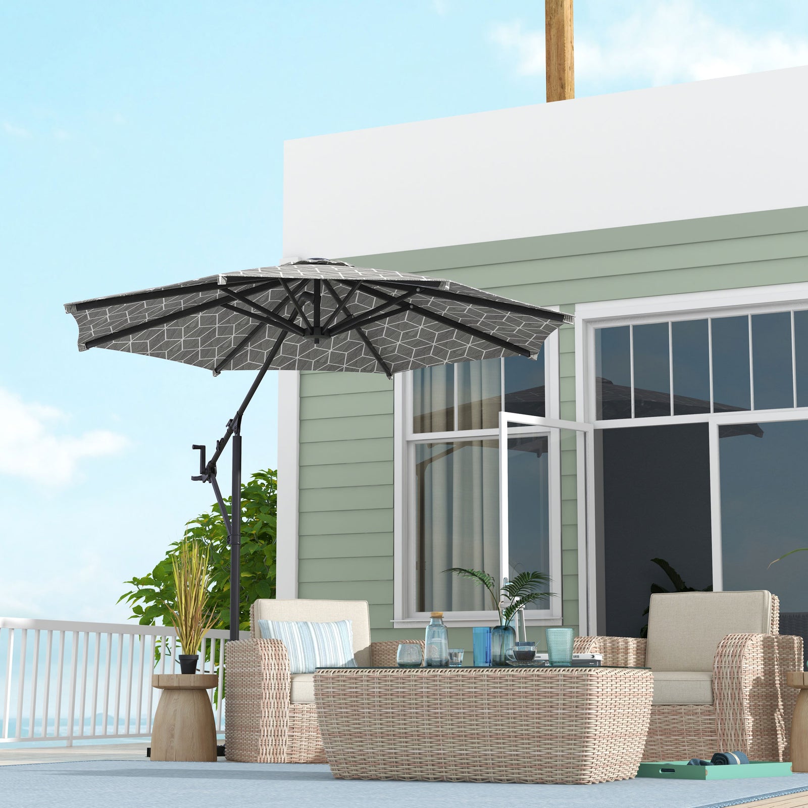 3(m) Convertible Cantilever Parasol and Centre-post Garden Parasol with Cross Base, 360° Rotation Banana Parasol with Crank Handle and 8 Ribs, Hanging Patio Umbrella, Black and White