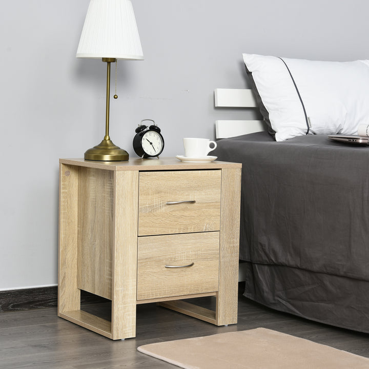 HOMCOM Bedside Cabinet with 2 Drawers: Modern Boxy Design, Elevated Base, Melamine Finish, Bedroom Storage, Oak Brown. | Aosom UK