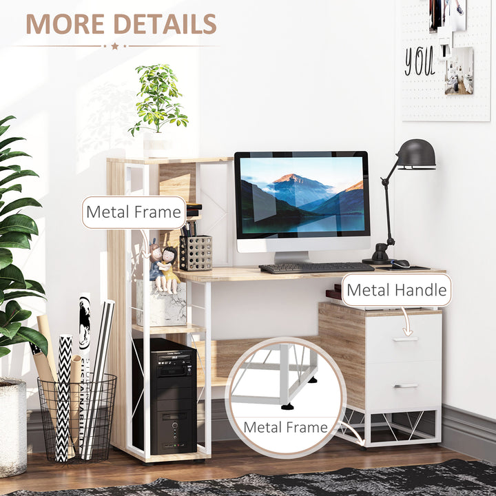Computer Desk with Drawers and Bookshelf, Writing Desk for Home Office with Storage Shelves, Study Workstation, Oak