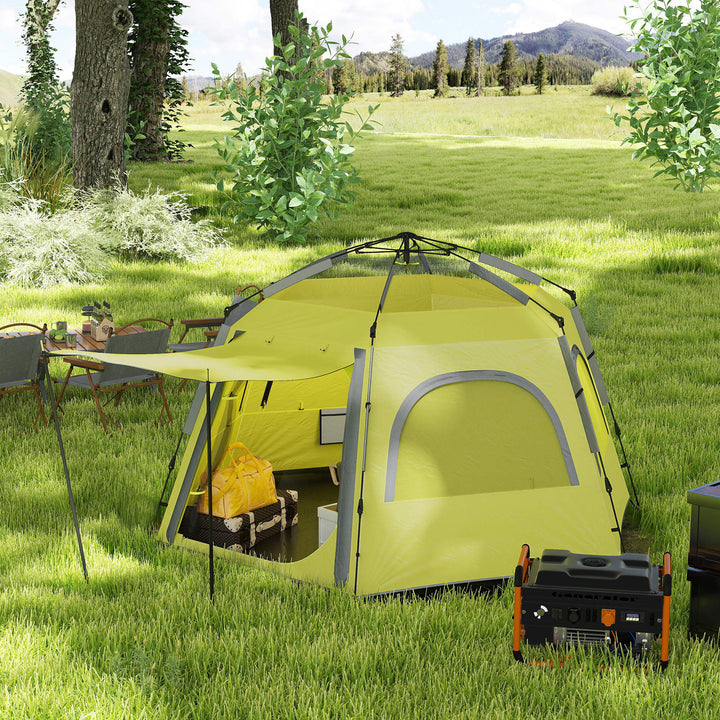 Instant Pop Up Camping Tent, 2/3/4 Person Easy Setup Dome Family Tent with Vestibule, Rainfly, 4 Mesh Windows & 2 Doors, Hexagonal Design, Waterproof & UV Protected, Yellow Green