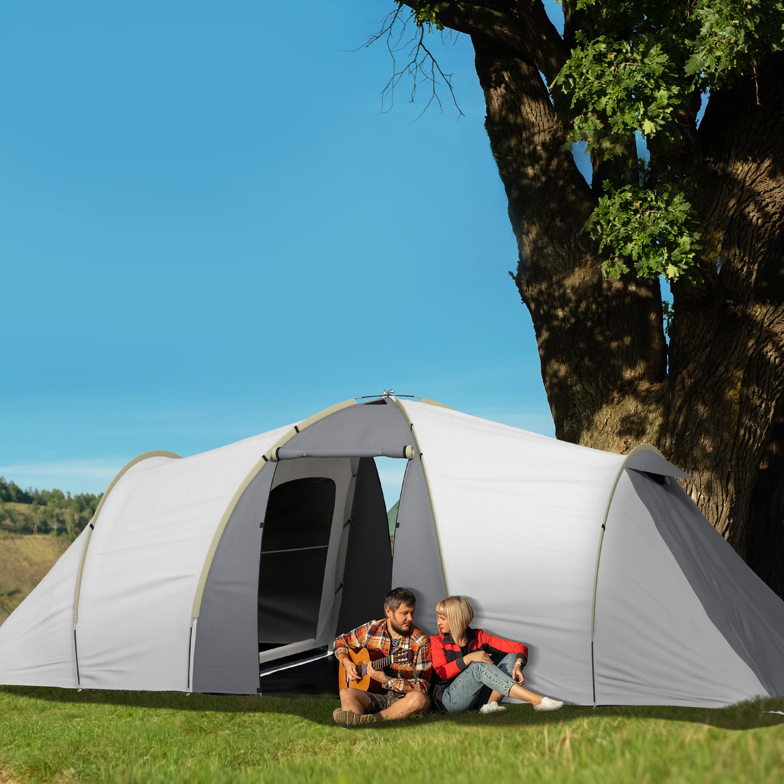 Four-Man Tunnel Tent, with Two Bedrooms and Living Room - Grey/Yellow