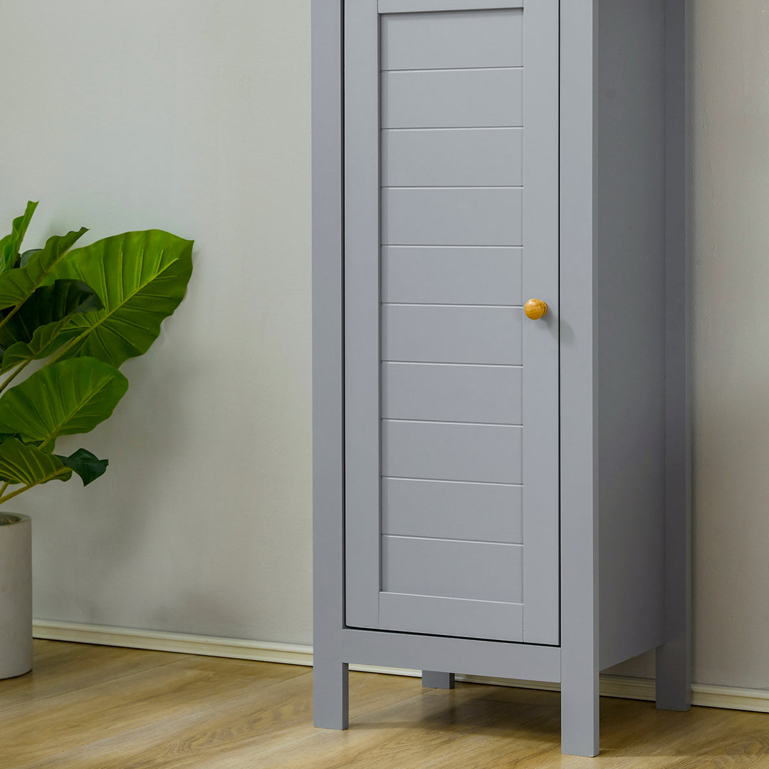 kleankin Tall Linen Cabinet: Freestanding Bathroom Storage with 3-Tier Shelf & Cupboard, Slim Side Organiser, Grey | Aosom UK