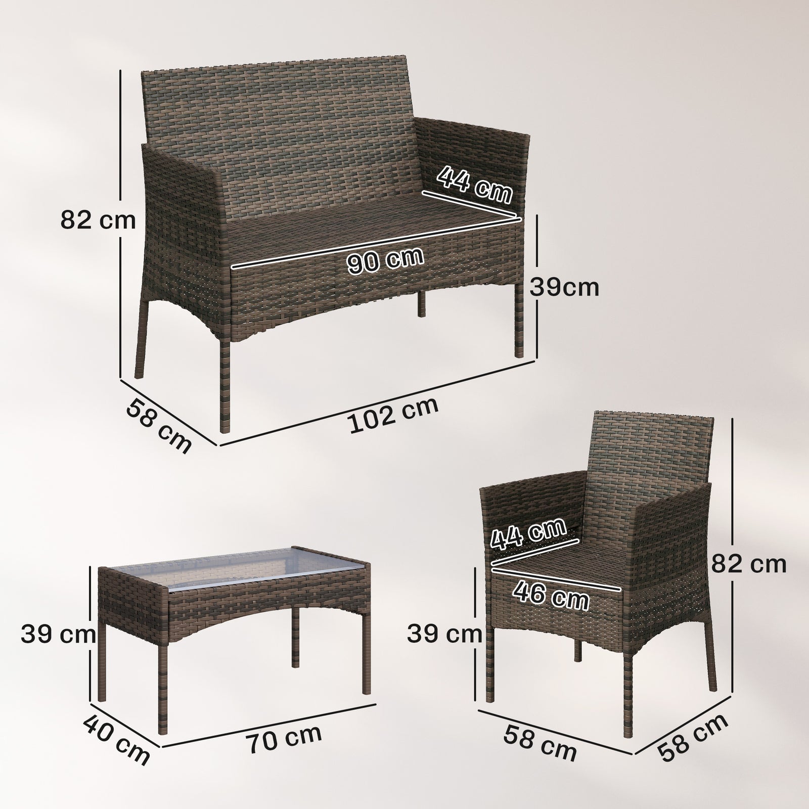 4 Piece Rattan Garden Furniture Sofa Set with Loveseat, Armchairs, Gla