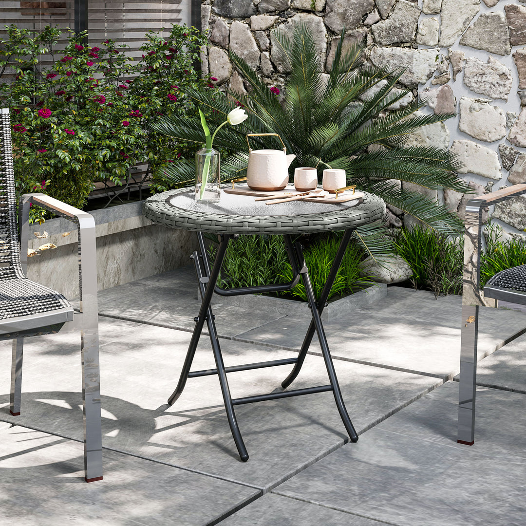 Folding Rattan Garden Dining Table, 68 cm Round Rattan Garden Table with Water Ripple Tempered Glass Top, Wicker Edging and Steel Frame for Outdoor, Patio, Grey
