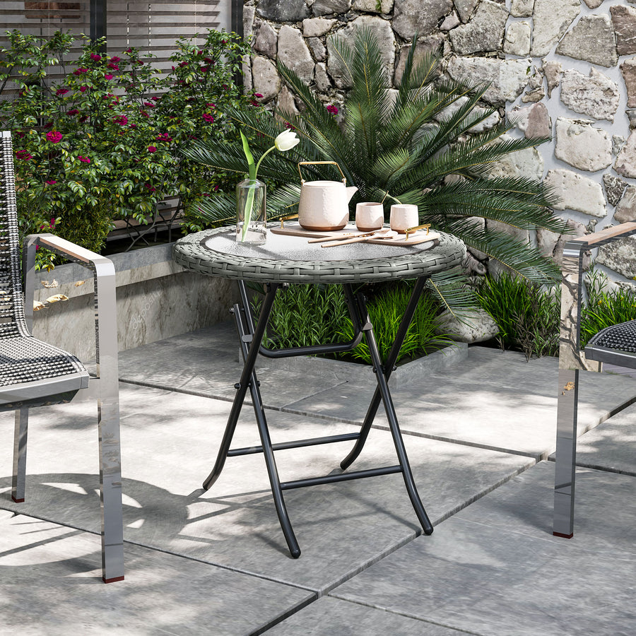 Folding Rattan Garden Dining Table, 68 cm Round Rattan Garden Table with Water Ripple Tempered Glass Top, Wicker Edging and Steel Frame for Outdoor, Patio, Grey