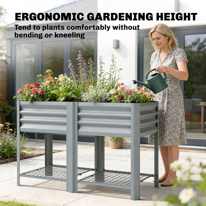 Raised Garden Bed with Storage Shelf Steel Elevated Planter Box with L