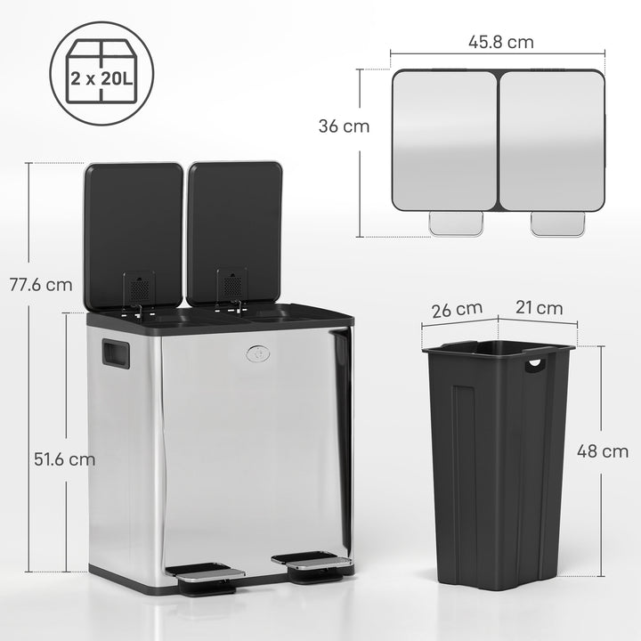 40L Dual Compartment Stainless Steel Bin, with Deodoriser Holders - Silver Tone