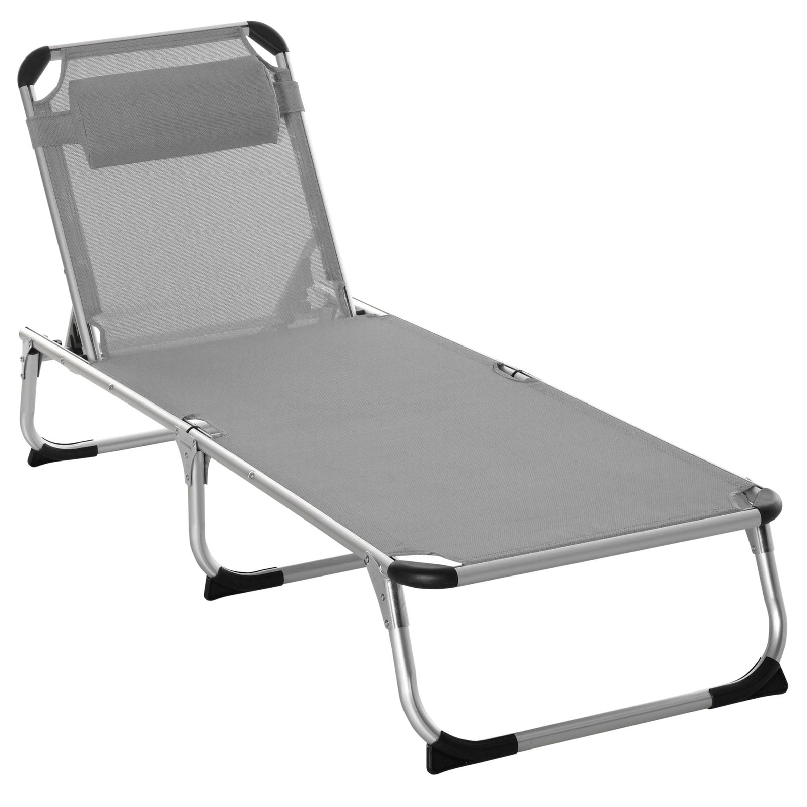 Foldable Reclining Sun Lounger Lounge Chair Camping Bed Cot w/ Pillow 4-Level Adjustable Back Aluminium Frame Grey