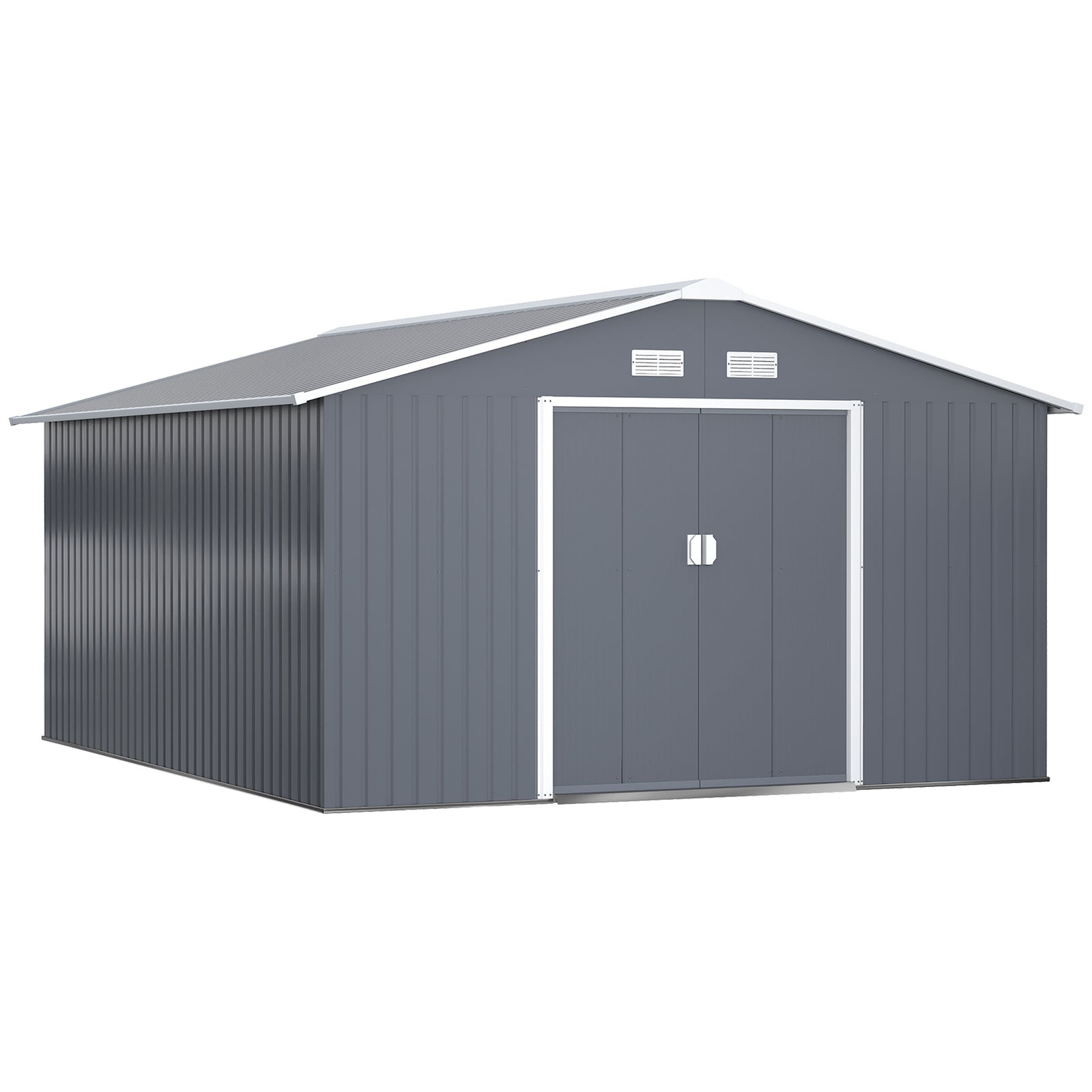 13 x 11ft Metal Garden Shed, Outdoor Storage Tool House with Ventilation Slots, Foundation Kit and Lockable Double Doors, Grey