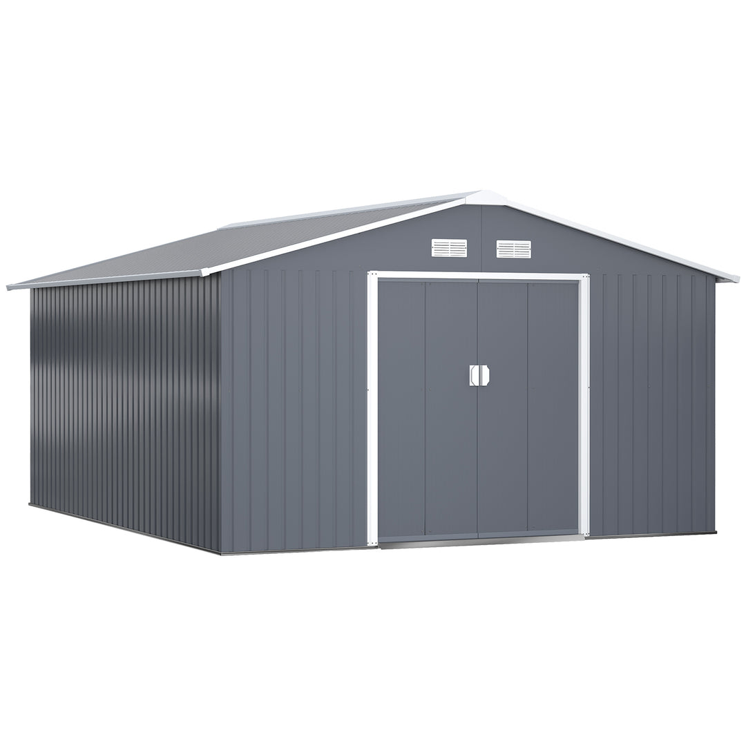 MCL 13 x 11ft Metal Garden Shed, Outdoor Storage Tool House with Ventilation Slots, Foundation Kit and Lockable Double Doors, Grey