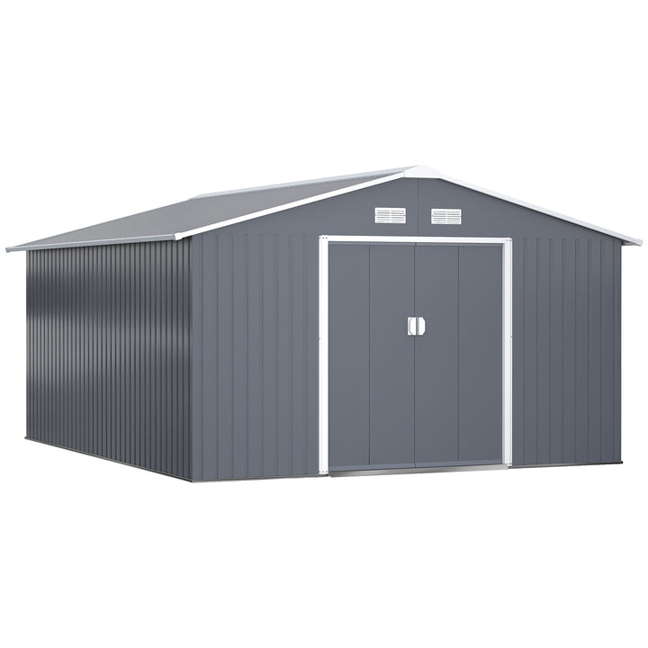 MCL 13 x 11ft Metal Garden Shed, Outdoor Storage Tool House with Ventilation Slots, Foundation Kit and Lockable Double Doors, Grey