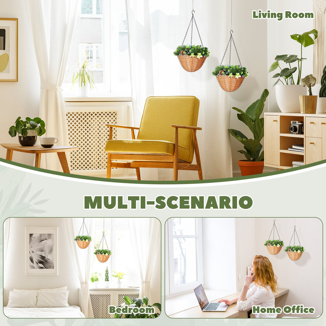 Artificial Flowers in Basket Set of 2, Artificial Hanging Baskets with PE Leaves, 18 Flowers and 3 Pinecones in Pot, Decorative Faux Plant for Home Office Decor, Green