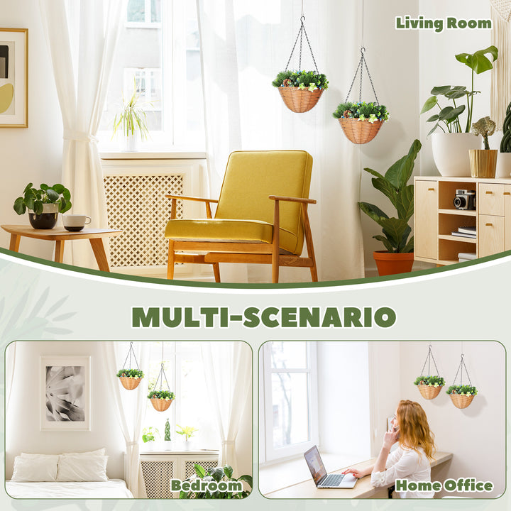 Artificial Flowers in Basket Set of 2, Artificial Hanging Baskets with PE Leaves, 18 Flowers and 3 Pinecones in Pot, Decorative Faux Plant for Home Office Decor, Green