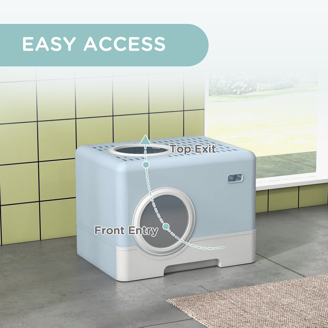 Enclosed Cat Litter Box, with Lid, Front Entry, Top Exit, Pull-Out Tray, Scoop - Blue