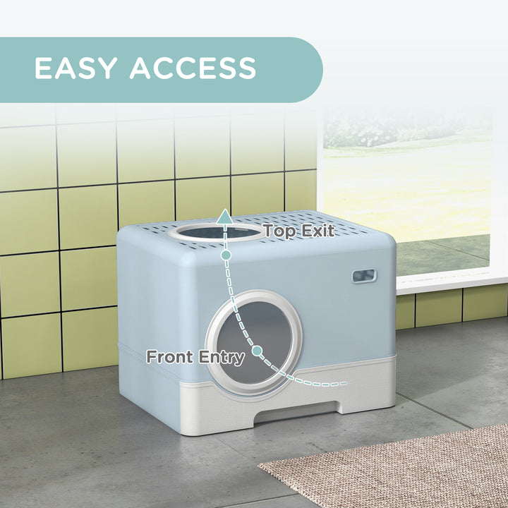 Enclosed Cat Litter Box, with Lid, Front Entry, Top Exit, Pull-Out Tray, Scoop - Blue