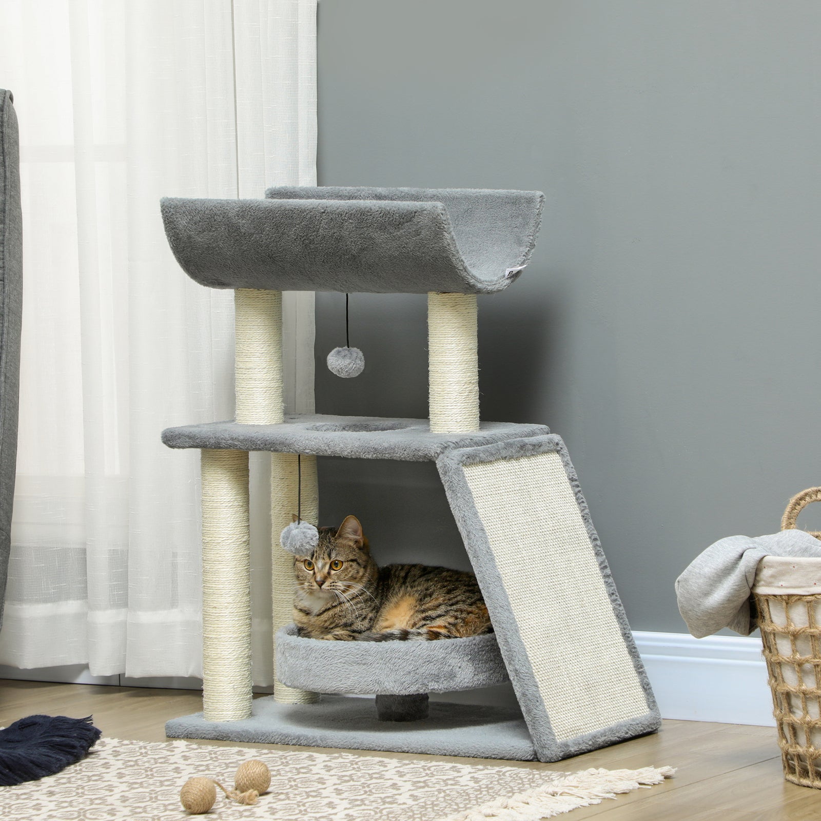 Cat Tree Tower, with Scratching Posts, Pad, Bed, Perch, Toy Ball - Light Grey