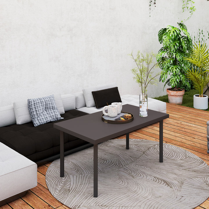 Metal Garden Coffee Table, Rectangular Outdoor Side Table with Woodgrain Tabletop, Foot Pads for Outside, Garden, Balcony, Porch, 95 x 55 x 46cm, Brown