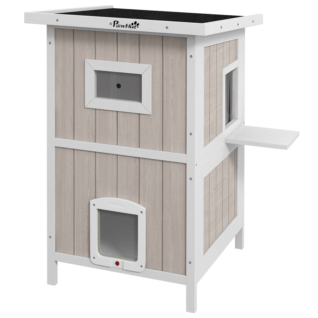 Outdoor 2 Tiers Wooden Cat Shelter w/ Removable Bottom, Escape Doors, Asphalt Roof, for 1-2 Cats - Light Grey