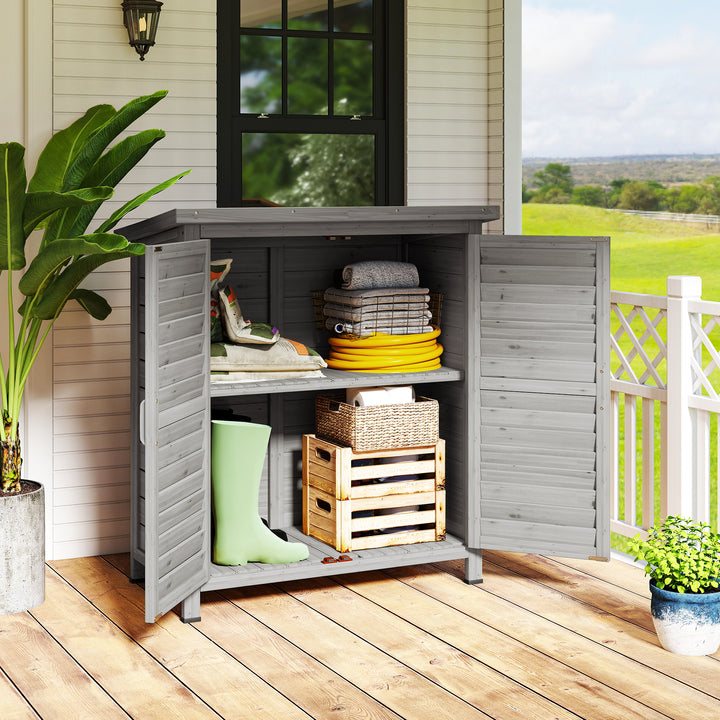 MCL Garden Shed Wooden Garden Storage Shed 2 Door Unit Solid Fir Wood Garage Tool Organisation Cabinet, 87L x 46.5W x 96.5Hcm, Grey