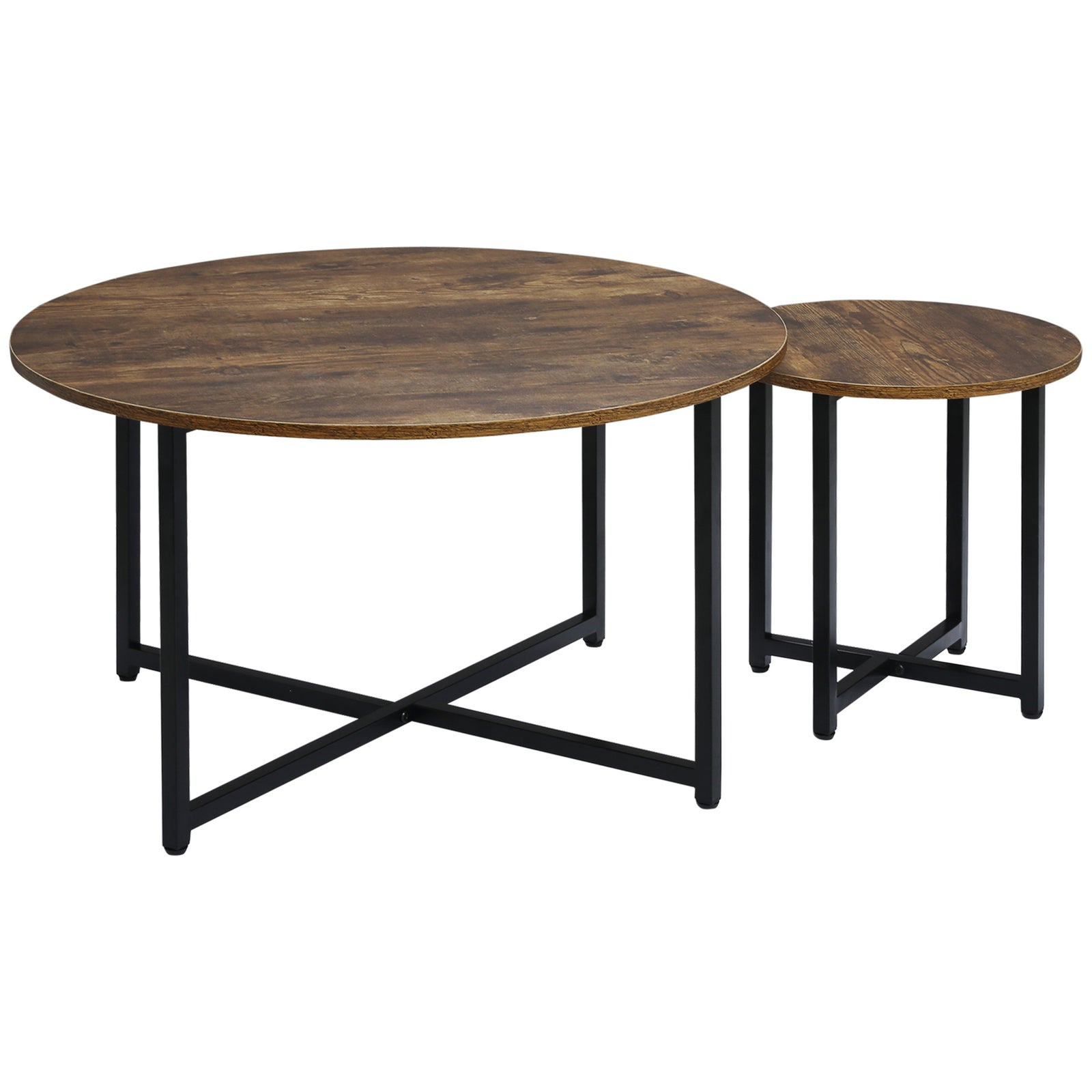 Round Coffee Table, Set of 2 Side Table with Metal Frame, Industrial End Table for Living Room Bedroom, Rustic Brown