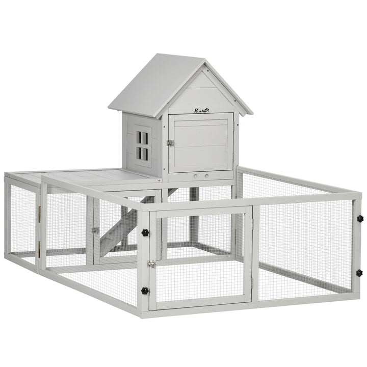 Indoor Rabbit Hutch, Guinea Pig Cage, with Slide-Out Tray, Large Fenced Area - Light Grey