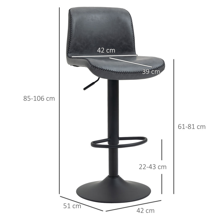 Set of 2 Bar Stool, Adjustable Height PU Leather Barstools with Swivel Seat and Footrest for Breakfast Bar, Kitchen and Home, Dark Grey