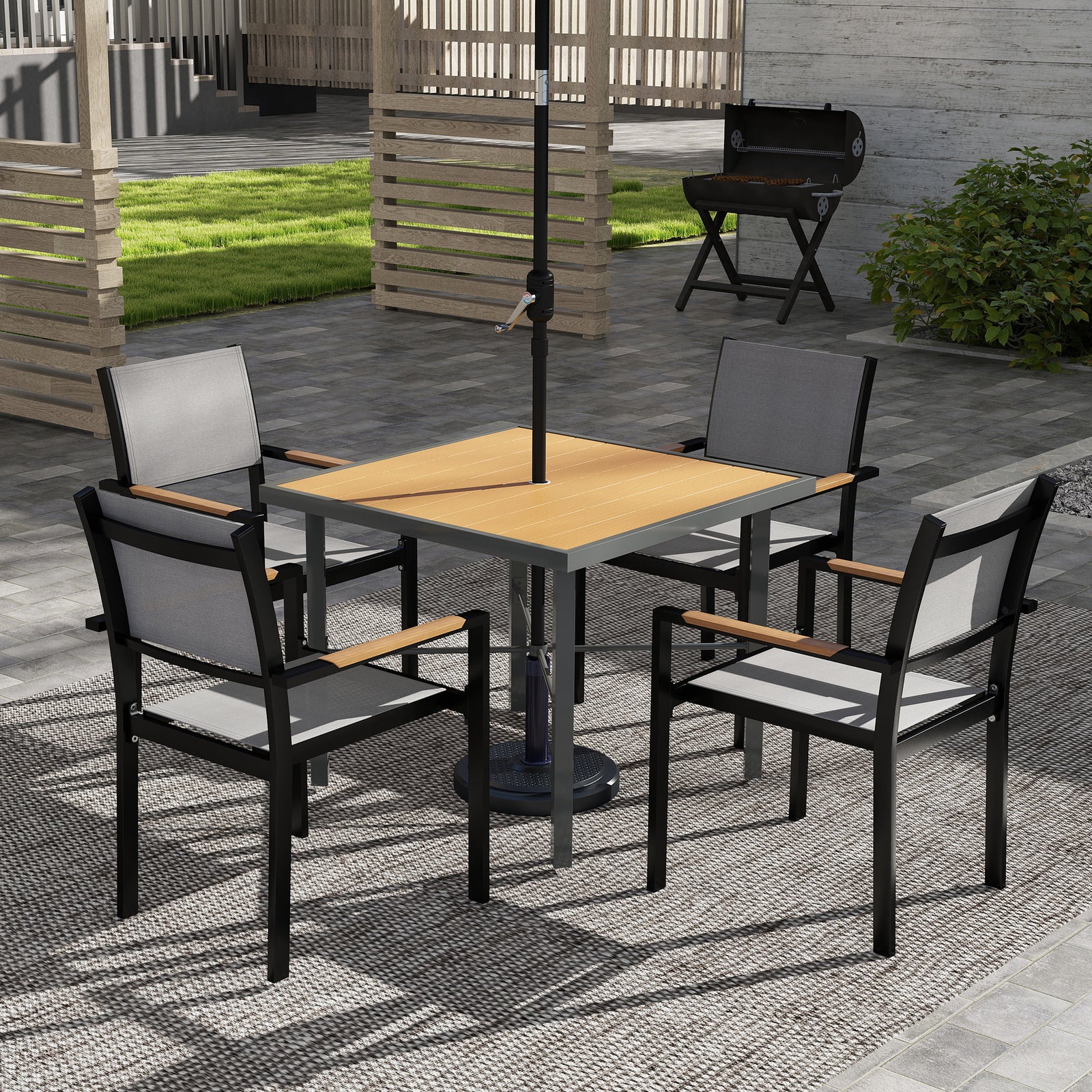 Garden Table for 4, 90 cm Rectangular Outdoor Dining Table with 4.2 cm Umbrella Hole, Wood Effect Top, Rust Resistant Frame, for Patio, Balcony, Terrace, Natural Wood Finish